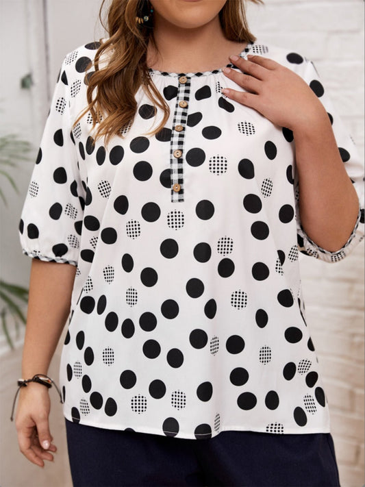 Plus Size Polka Dot Round Neck Half Sleeve Blouse - Rochelle's House LLC