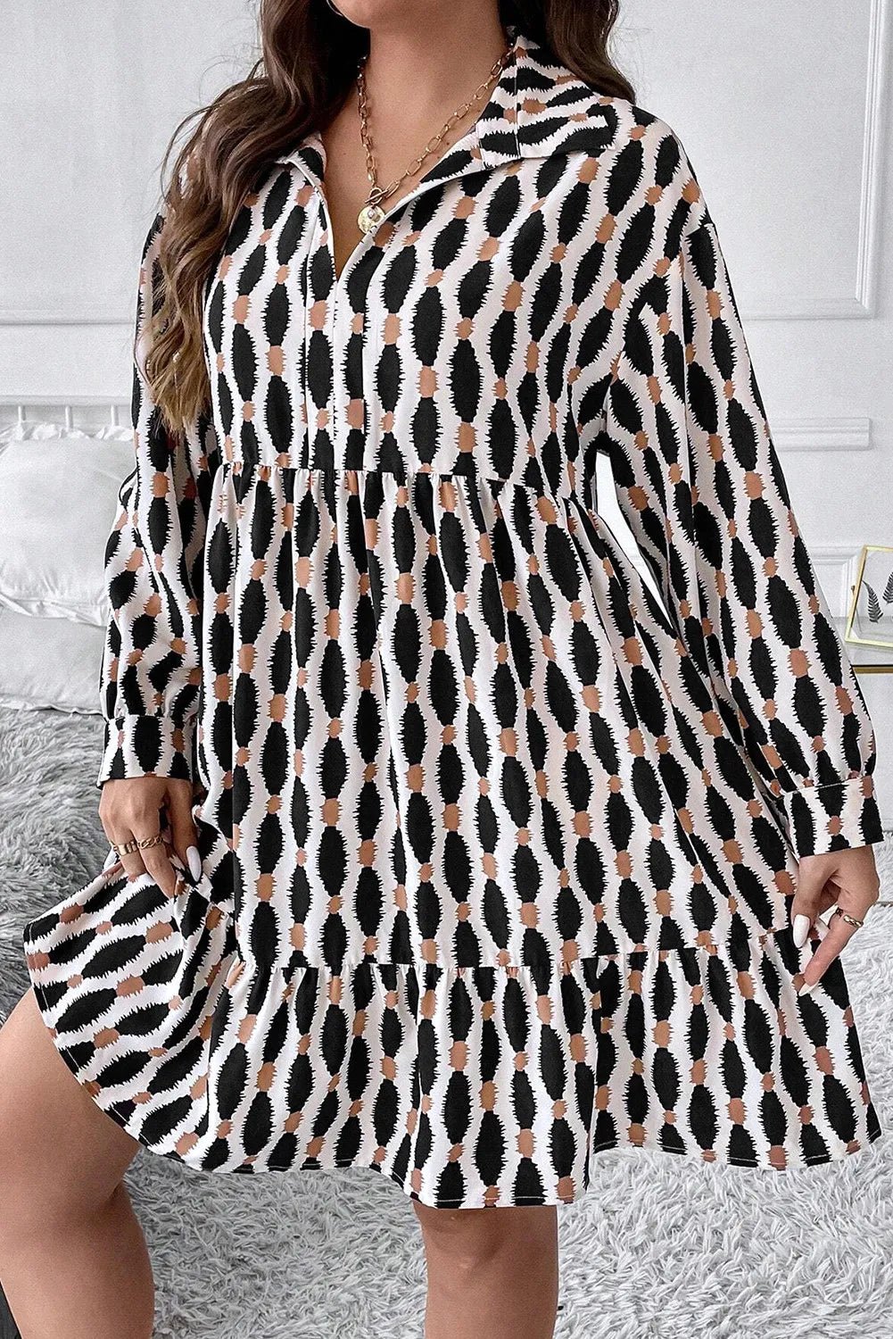 Plus Size Printed Johnny Collar Long Sleeve Dress - Rochelle's House LLC
