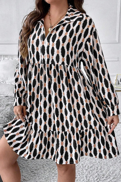 Plus Size Printed Johnny Collar Long Sleeve Dress - Rochelle's House LLC