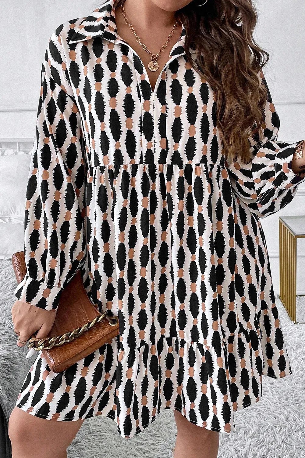 Plus Size Printed Johnny Collar Long Sleeve Dress - Rochelle's House LLC