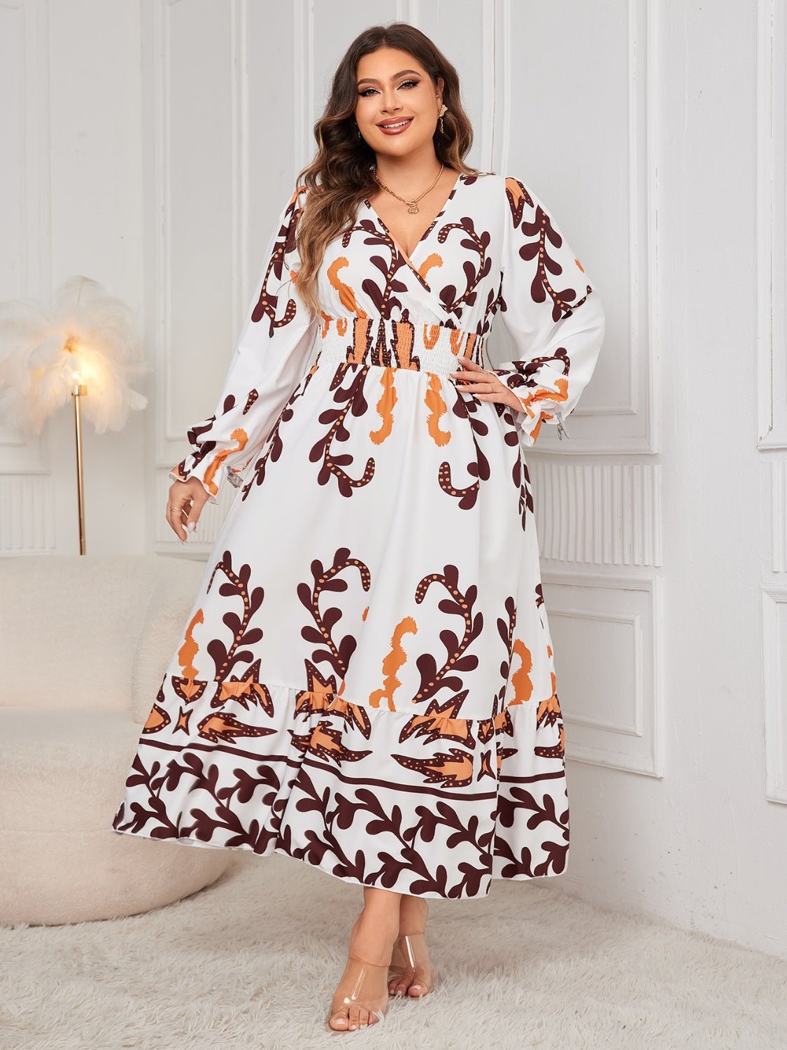 Plus Size Printed Surplice Flounce Sleeve Dress - Rochelle's House LLC