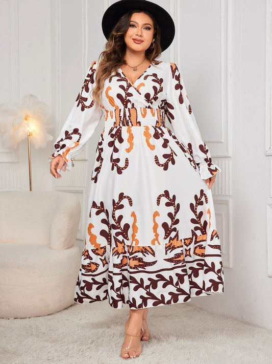 Plus Size Printed Surplice Flounce Sleeve Dress - Rochelle's House LLC