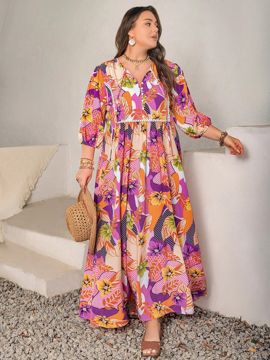 Plus Size Printed Tie Neck Maxi Dress - Rochelle's House LLC