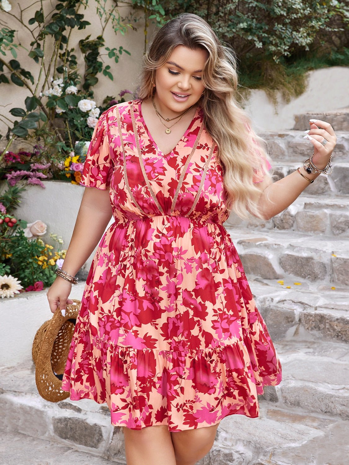 Plus Size Printed V - Neck Flutter Sleeve Dress - Rochelle's House LLC