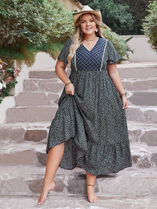 Plus Size Printed V - Neck Flutter Sleeve Midi Dress - Rochelle's House LLC