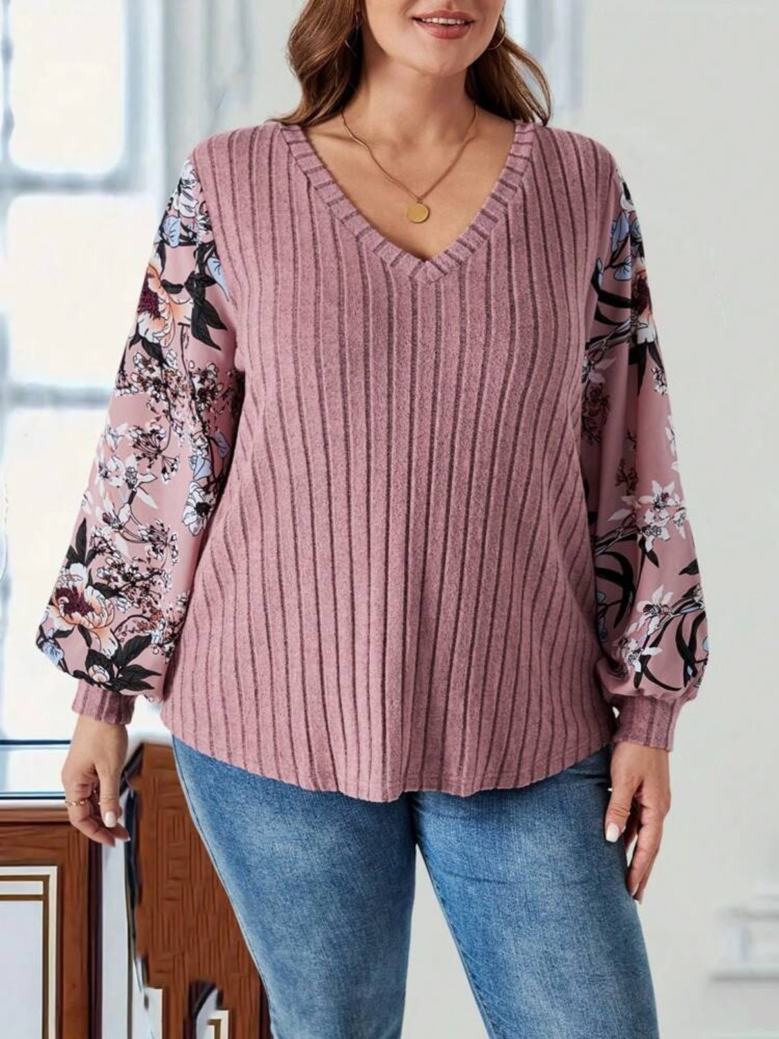 Plus Size Printed V - Neck Long Sleeve T-Shirt - Rochelle's House LLC