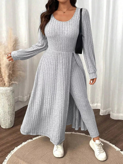 Plus Size Ribbed Knit Long Sleeve Split Dress & Leggings Set - Rochelle's House LLC
