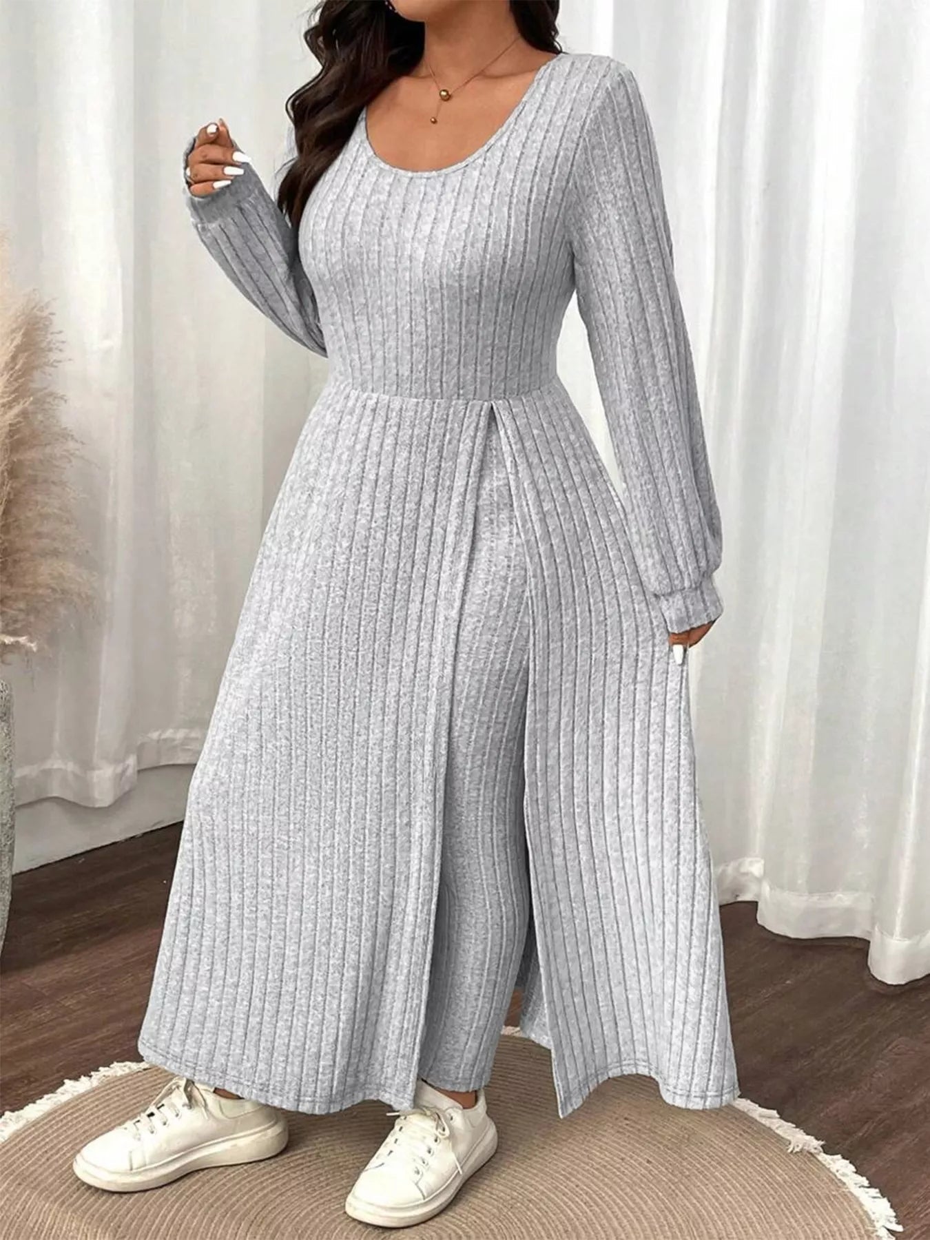 Plus Size Ribbed Knit Long Sleeve Split Dress & Leggings Set - Rochelle's House LLC