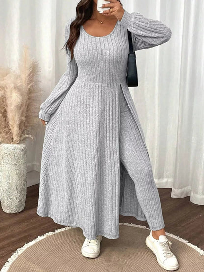 Plus Size Ribbed Knit Long Sleeve Split Dress & Leggings Set - Rochelle's House LLC