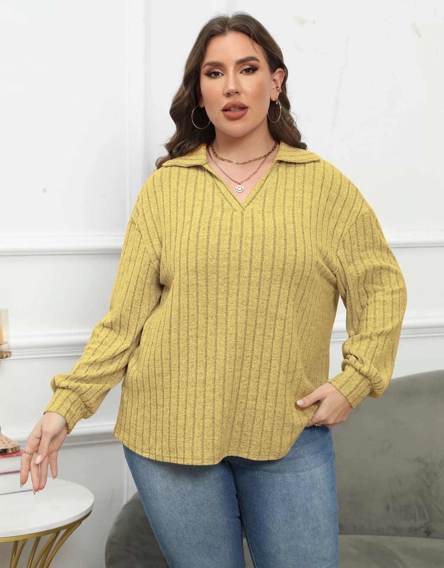 Plus Size Ribbed Knit Polo Collar T-Shirt - Rochelle's House LLC