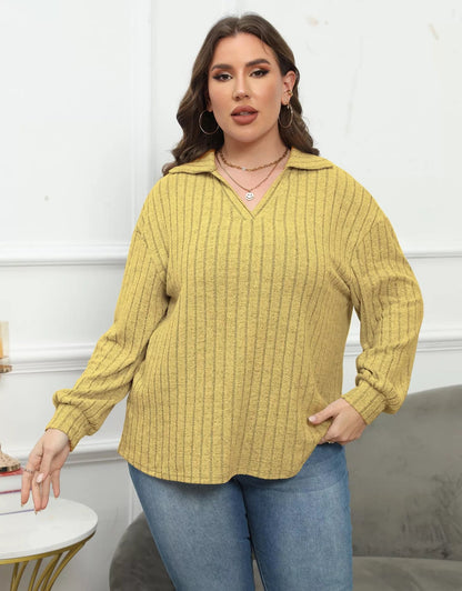 Plus Size Ribbed Knit Polo Collar T-Shirt - Rochelle's House LLC
