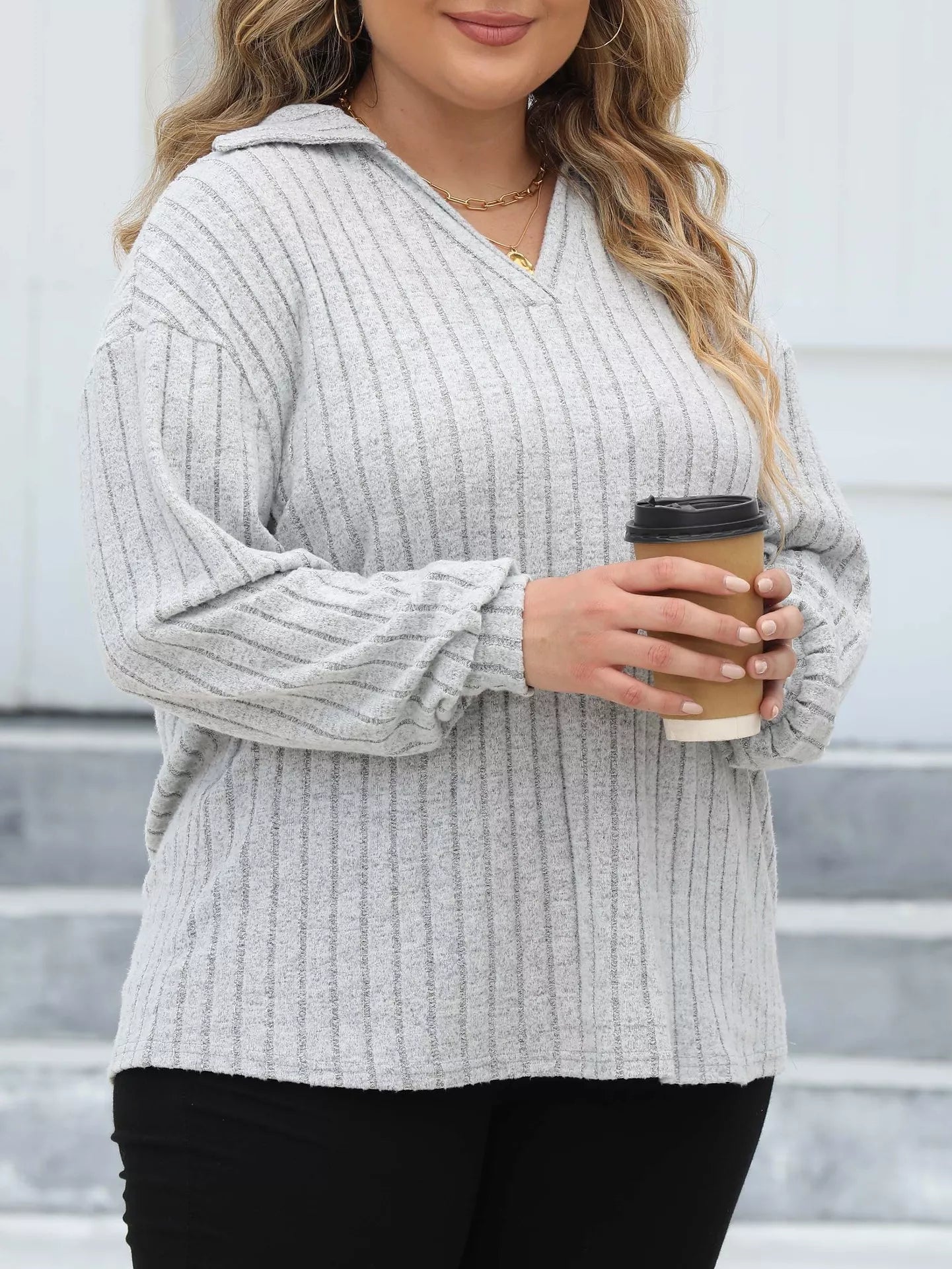 Plus Size Ribbed Knit Polo Collar T-Shirt - Rochelle's House LLC
