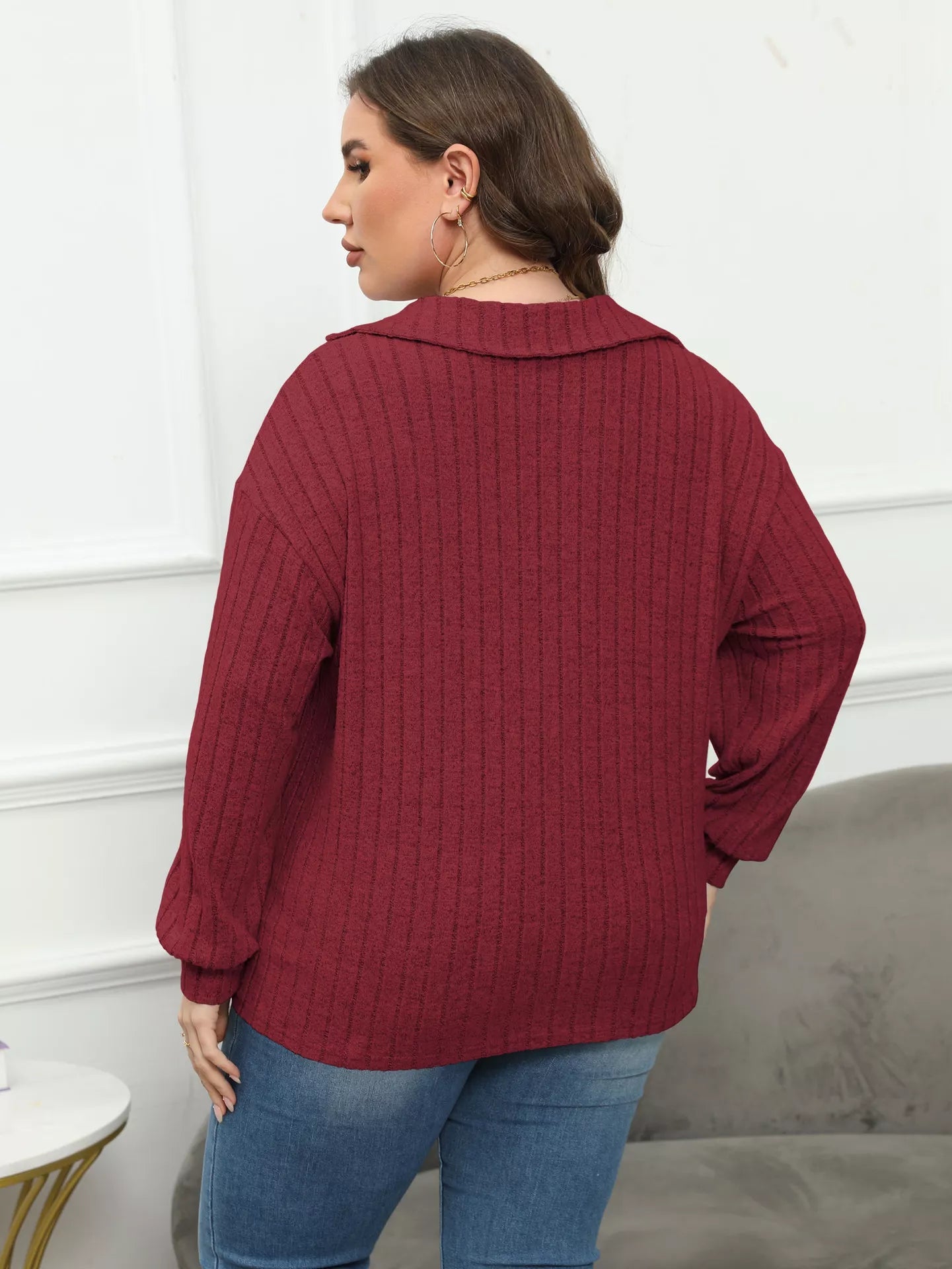 Plus Size Ribbed Knit Polo Collar T-Shirt - Rochelle's House LLC