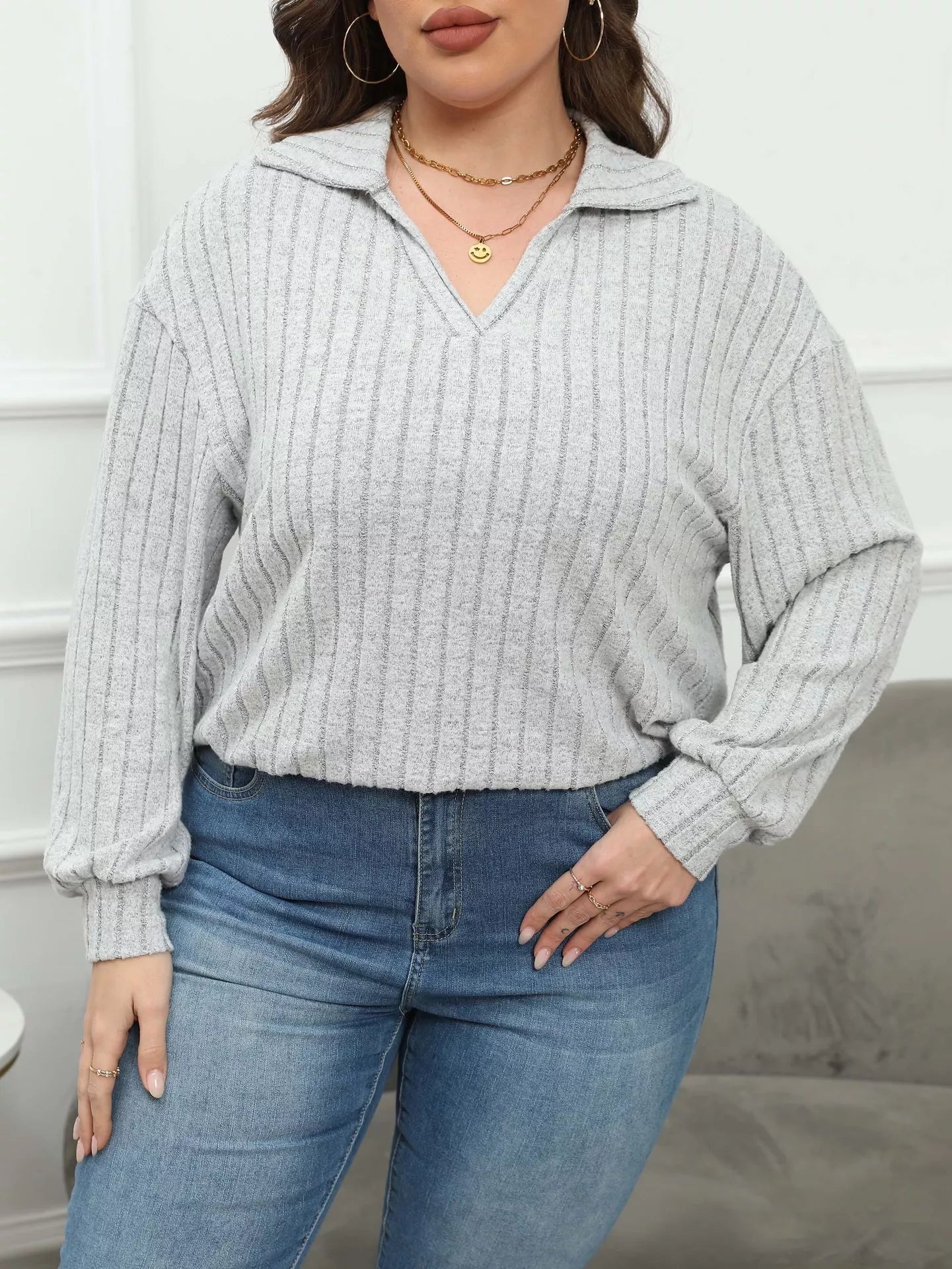 Plus Size Ribbed Knit Polo Collar T-Shirt - Rochelle's House LLC