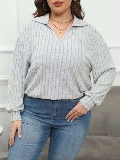 Plus Size Ribbed Knit Polo Collar T-Shirt - Rochelle's House LLC