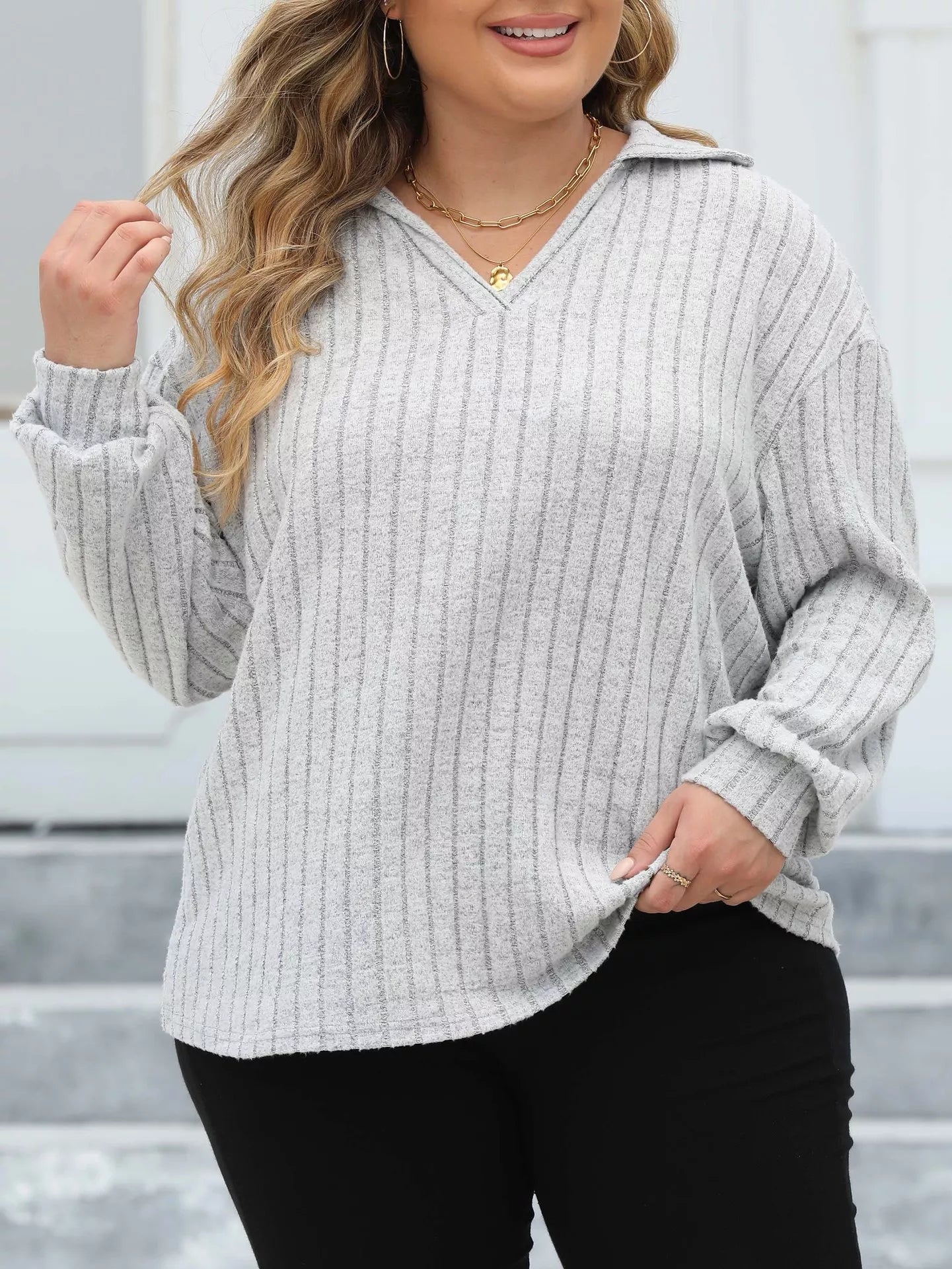 Plus Size Ribbed Knit Polo Collar T-Shirt - Rochelle's House LLC