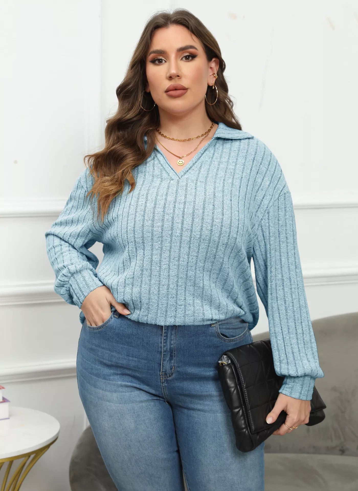 Plus Size Ribbed Knit Polo Collar T-Shirt - Rochelle's House LLC