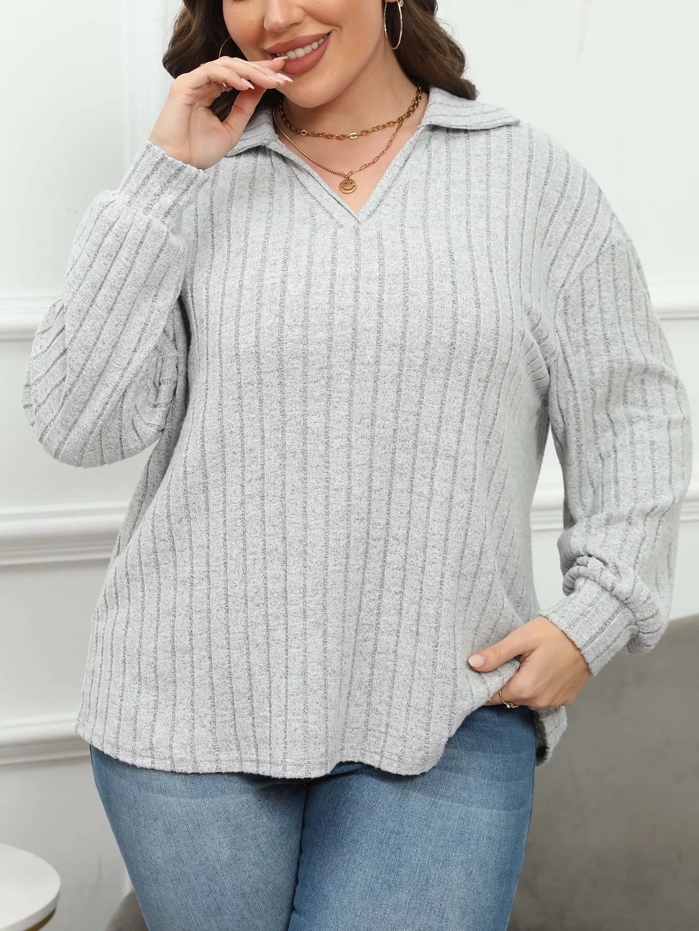 Plus Size Ribbed Knit Polo Collar T-Shirt - Rochelle's House LLC