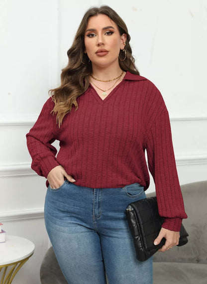 Plus Size Ribbed Knit Polo Collar T-Shirt - Rochelle's House LLC