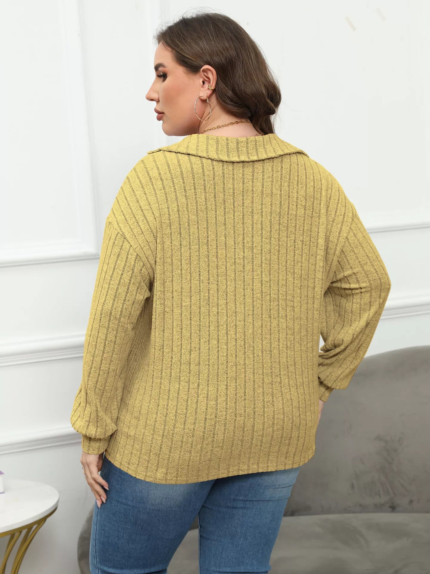Plus Size Ribbed Knit Polo Collar T-Shirt - Rochelle's House LLC