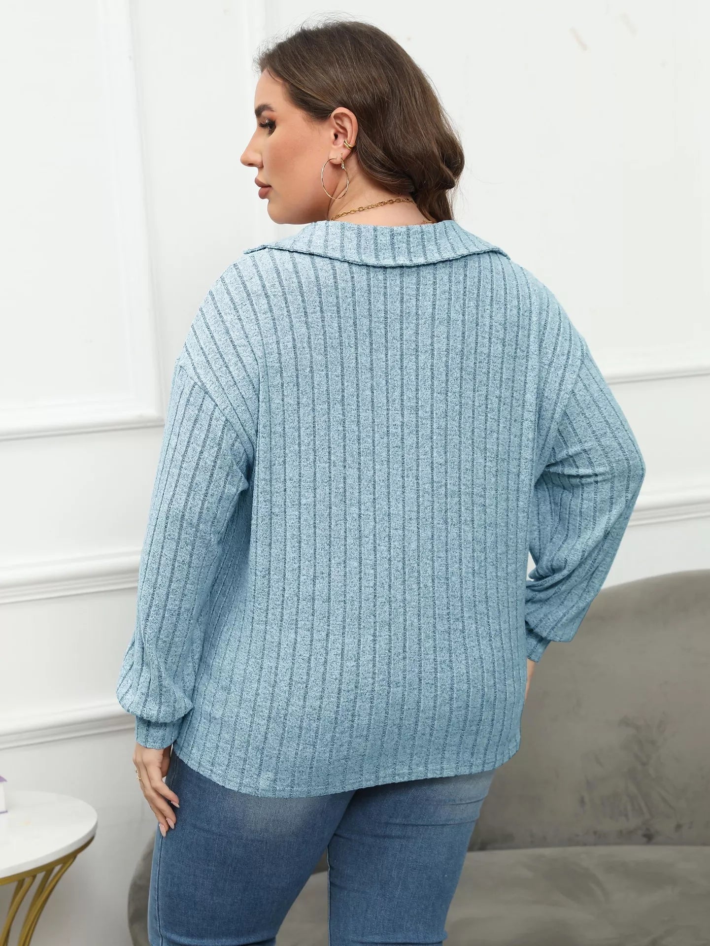 Plus Size Ribbed Knit Polo Collar T-Shirt - Rochelle's House LLC