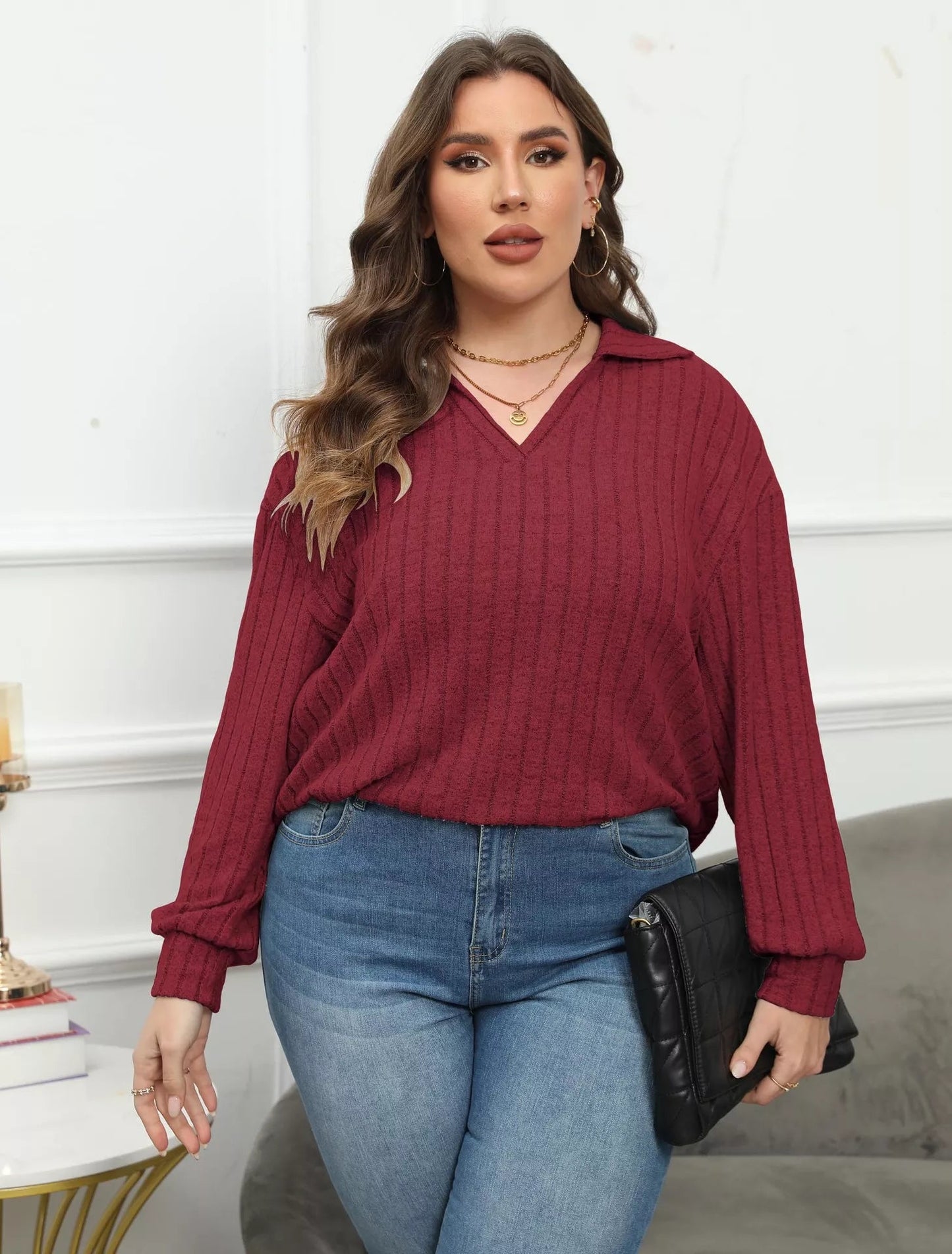 Plus Size Ribbed Knit Polo Collar T-Shirt - Rochelle's House LLC