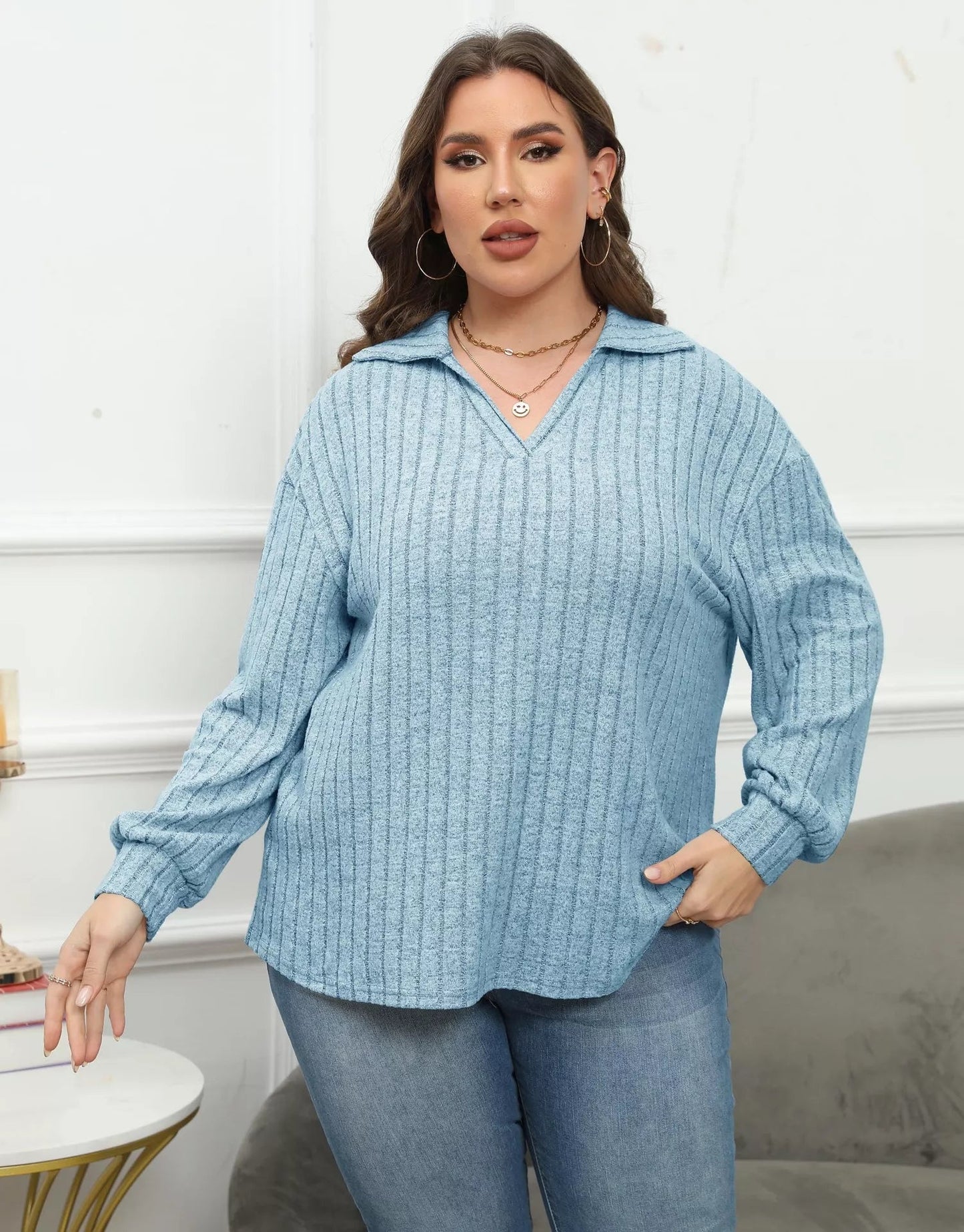 Plus Size Ribbed Knit Polo Collar T-Shirt - Rochelle's House LLC