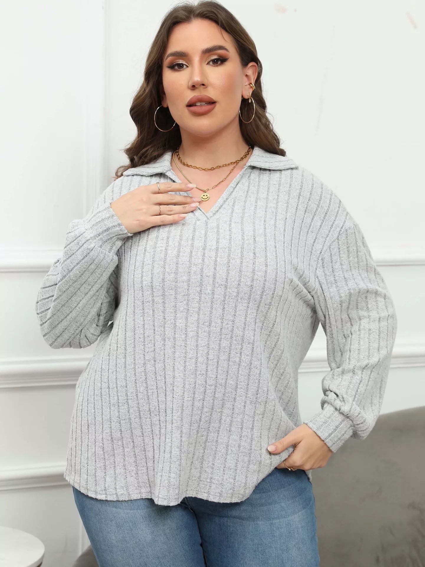 Plus Size Ribbed Knit Polo Collar T-Shirt - Rochelle's House LLC