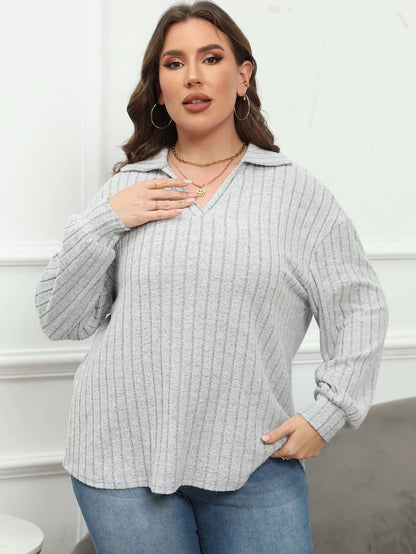 Plus Size Ribbed Knit Polo Collar T-Shirt - Rochelle's House LLC
