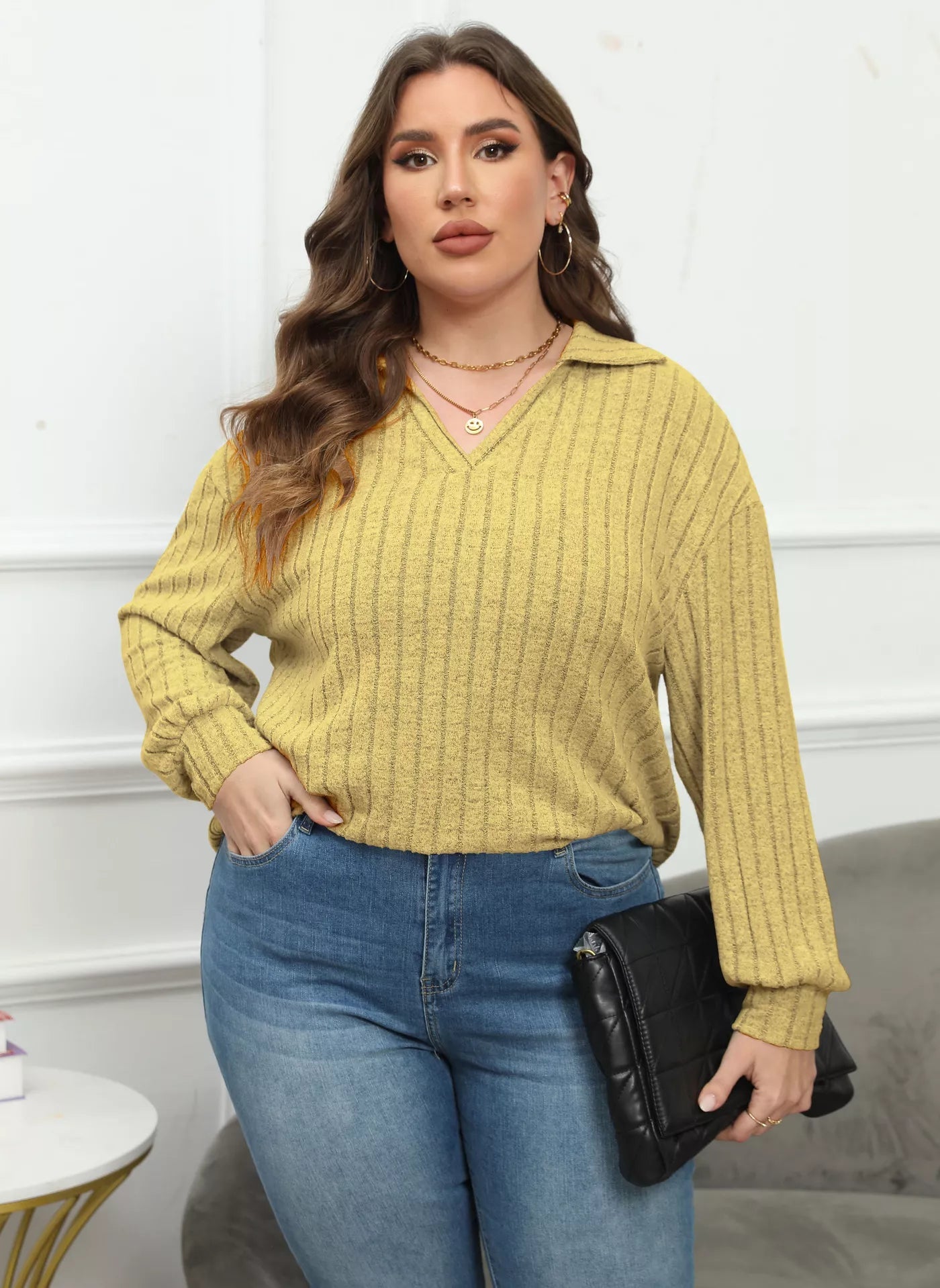 Plus Size Ribbed Knit Polo Collar T-Shirt - Rochelle's House LLC