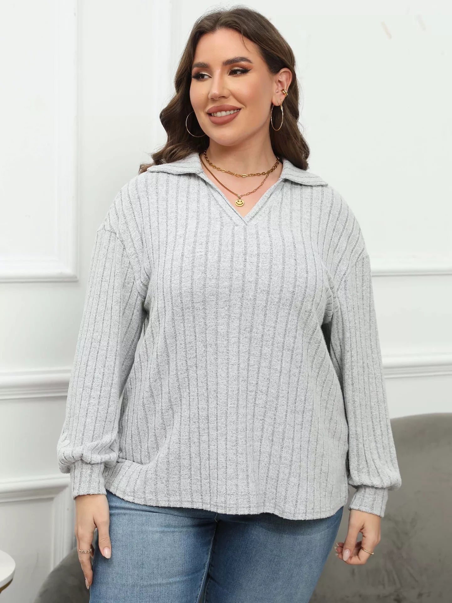 Plus Size Ribbed Knit Polo Collar T-Shirt - Rochelle's House LLC