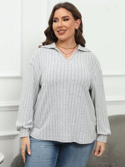 Plus Size Ribbed Knit Polo Collar T-Shirt - Rochelle's House LLC