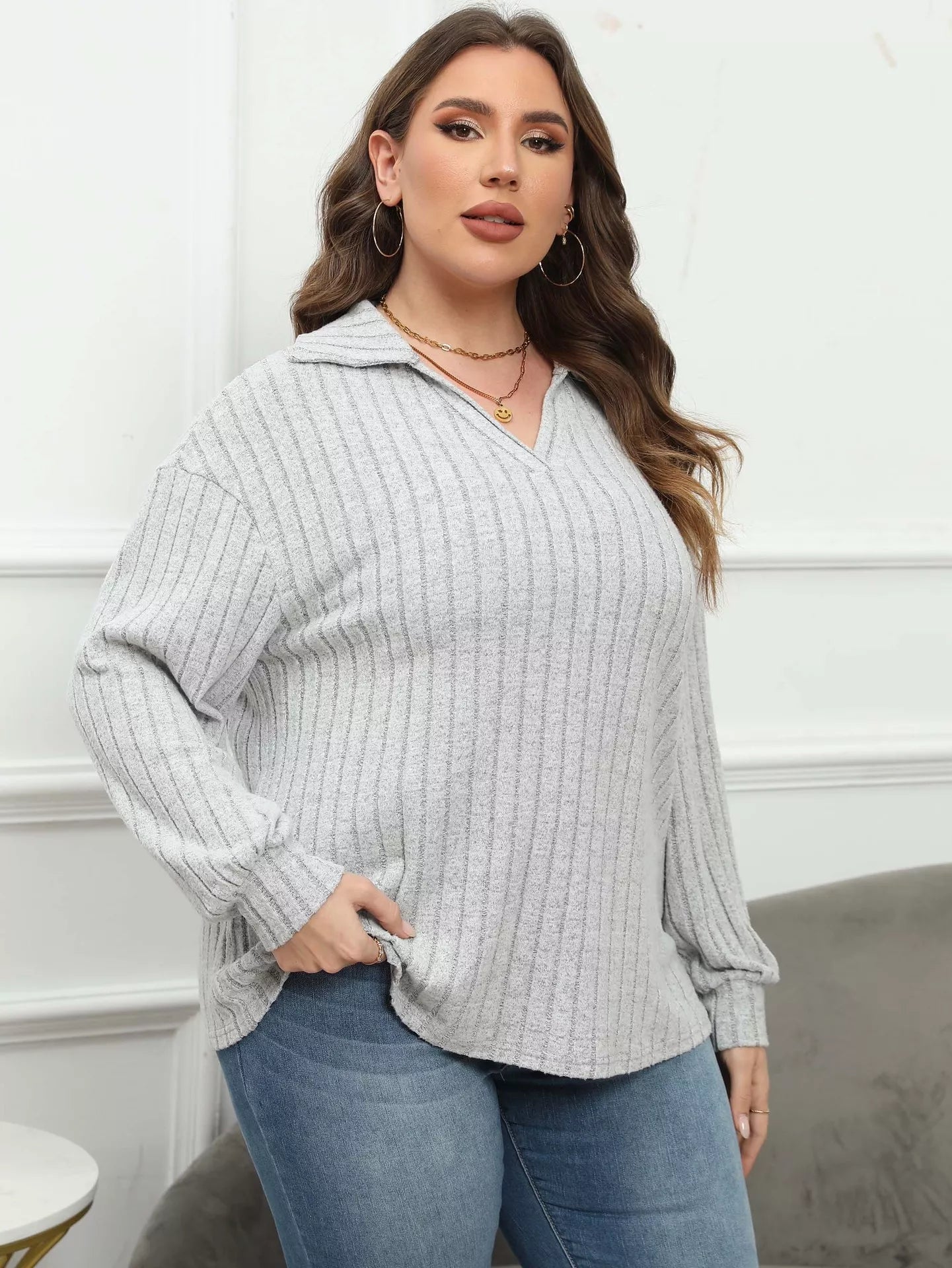 Plus Size Ribbed Knit Polo Collar T-Shirt - Rochelle's House LLC