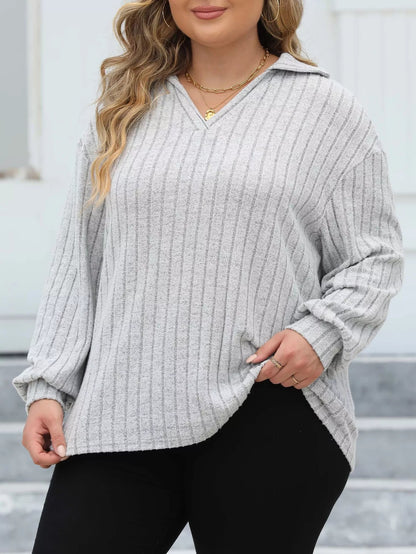 Plus Size Ribbed Knit Polo Collar T-Shirt - Rochelle's House LLC