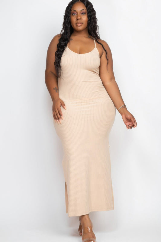 Front view of Plus Size Ribbed Side Slit Long Cami Maxi Dress showing neckline and sleeve details (92% polyester, 8% spandex)