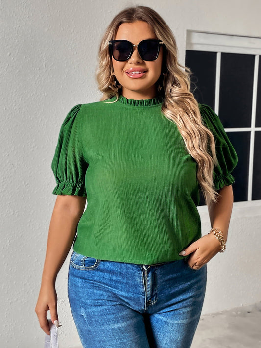 Plus Size Round Neck Flounce Sleeve Blouse - Rochelle's House LLC