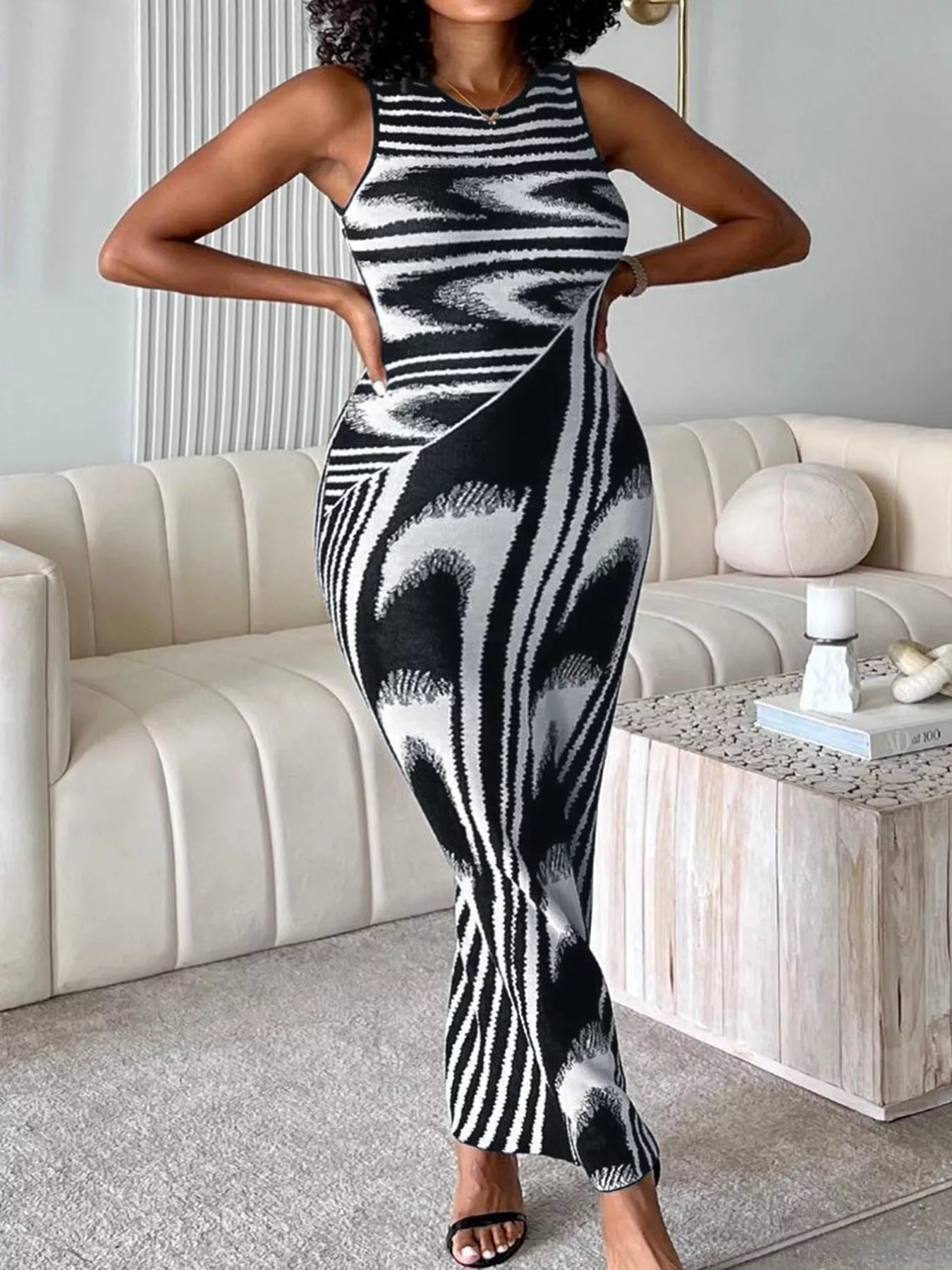 Plus Size Sleeveless Bodycon Maxi Dress with Abstract Print - Rochelle's House LLC