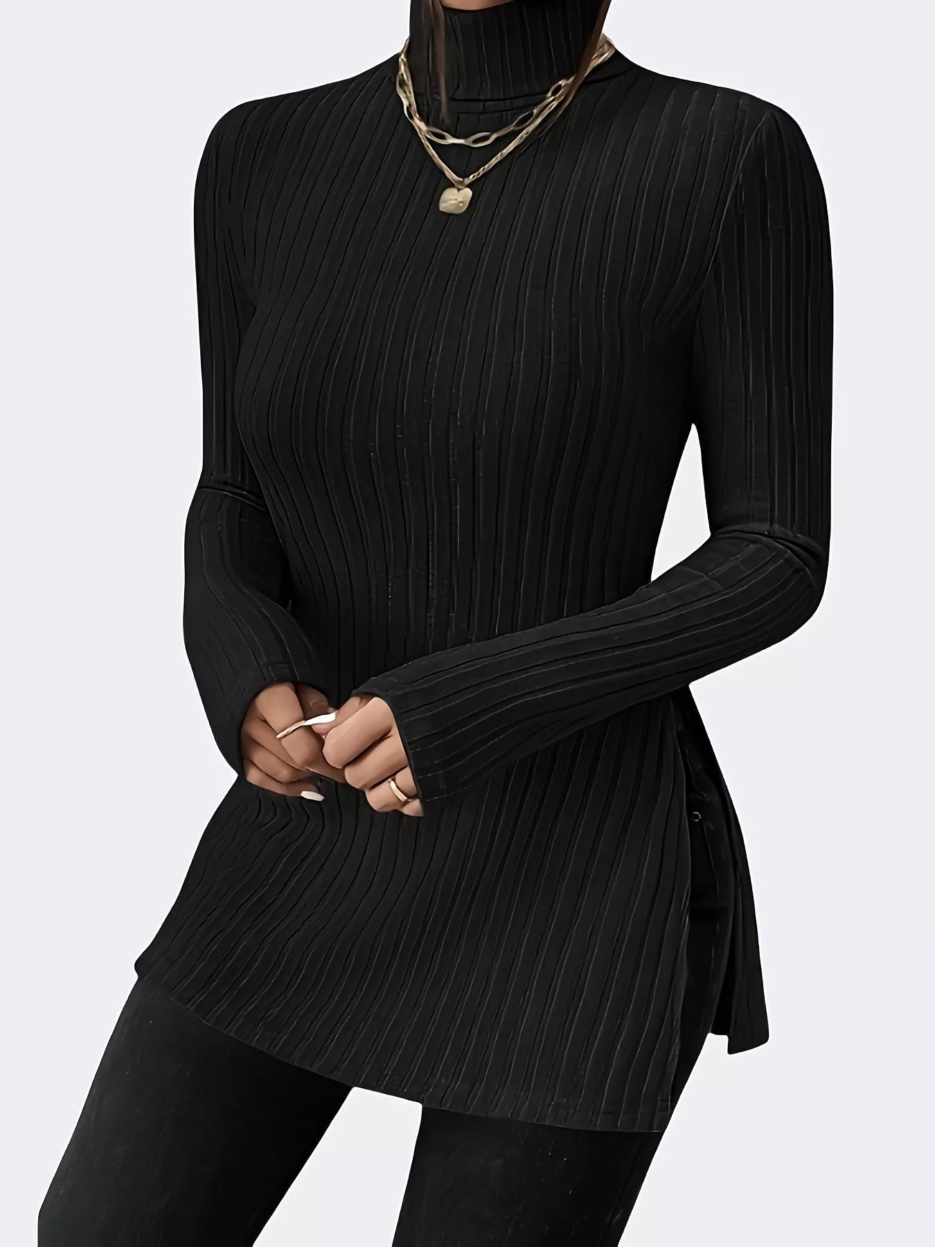 Plus Size Slit Ribbed Turtleneck Long Sleeve T-Shirt - Rochelle's House LLC