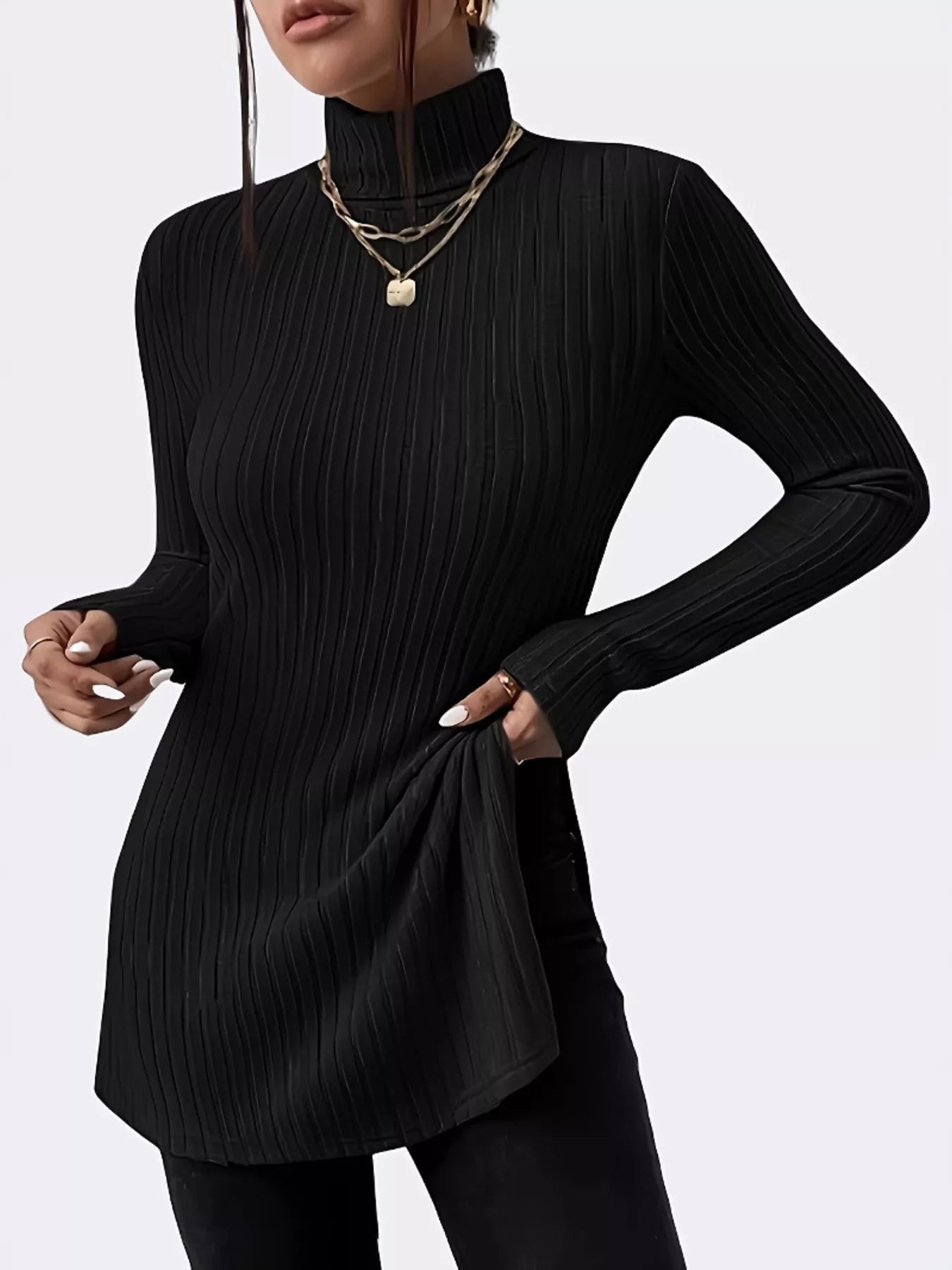 Plus Size Slit Ribbed Turtleneck Long Sleeve T-Shirt - Rochelle's House LLC