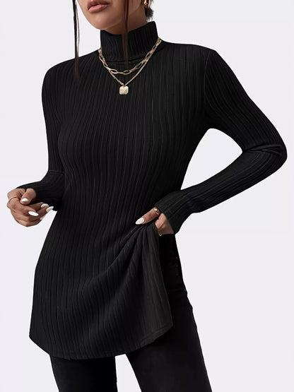 Plus Size Slit Ribbed Turtleneck Long Sleeve T-Shirt - Rochelle's House LLC