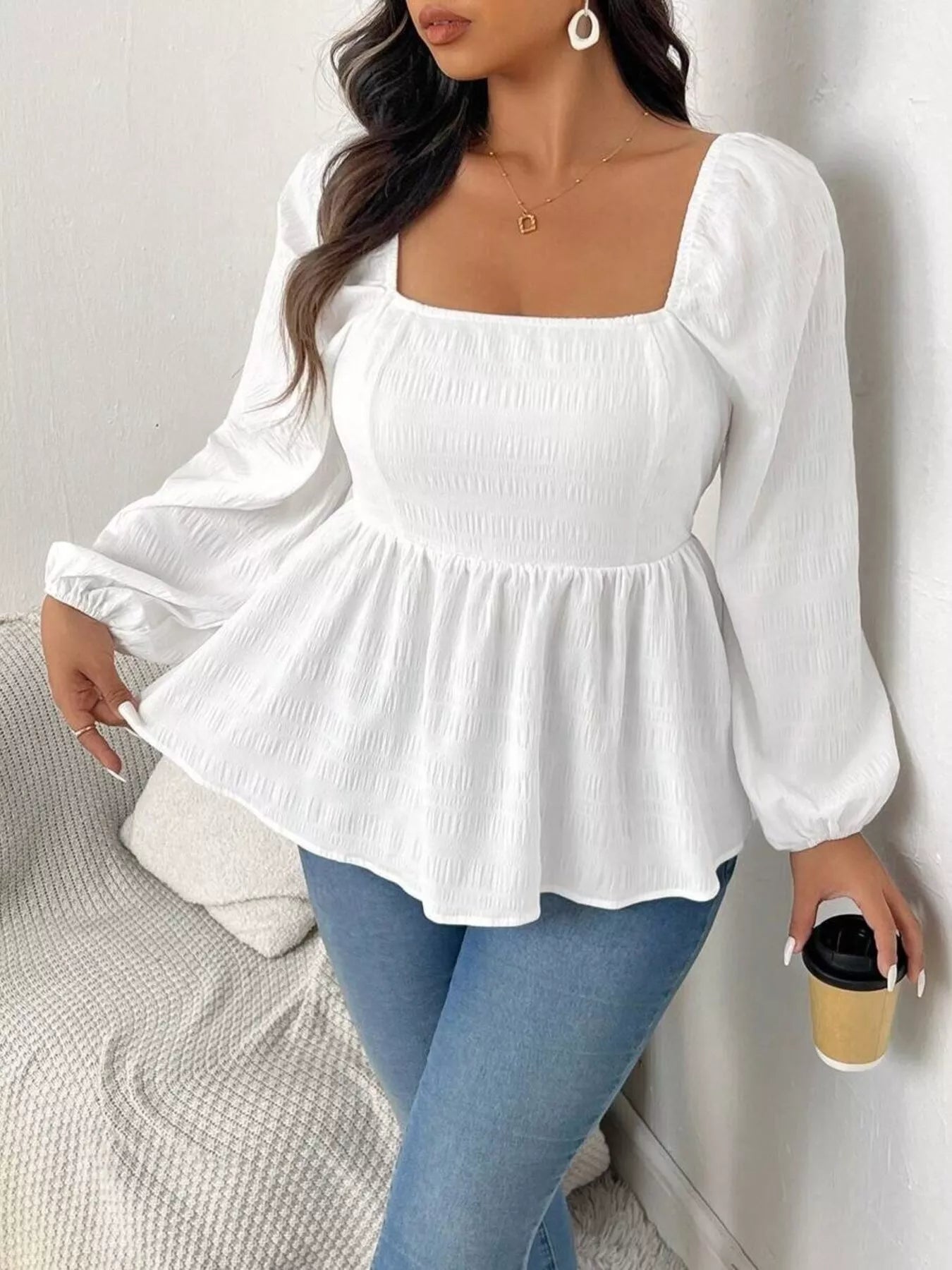 Plus Size Square Neck Long Sleeve Peplum Blouse - Rochelle's House LLC