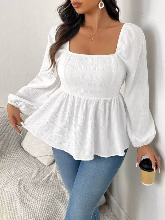 Plus Size Square Neck Long Sleeve Peplum Blouse - Rochelle's House LLC