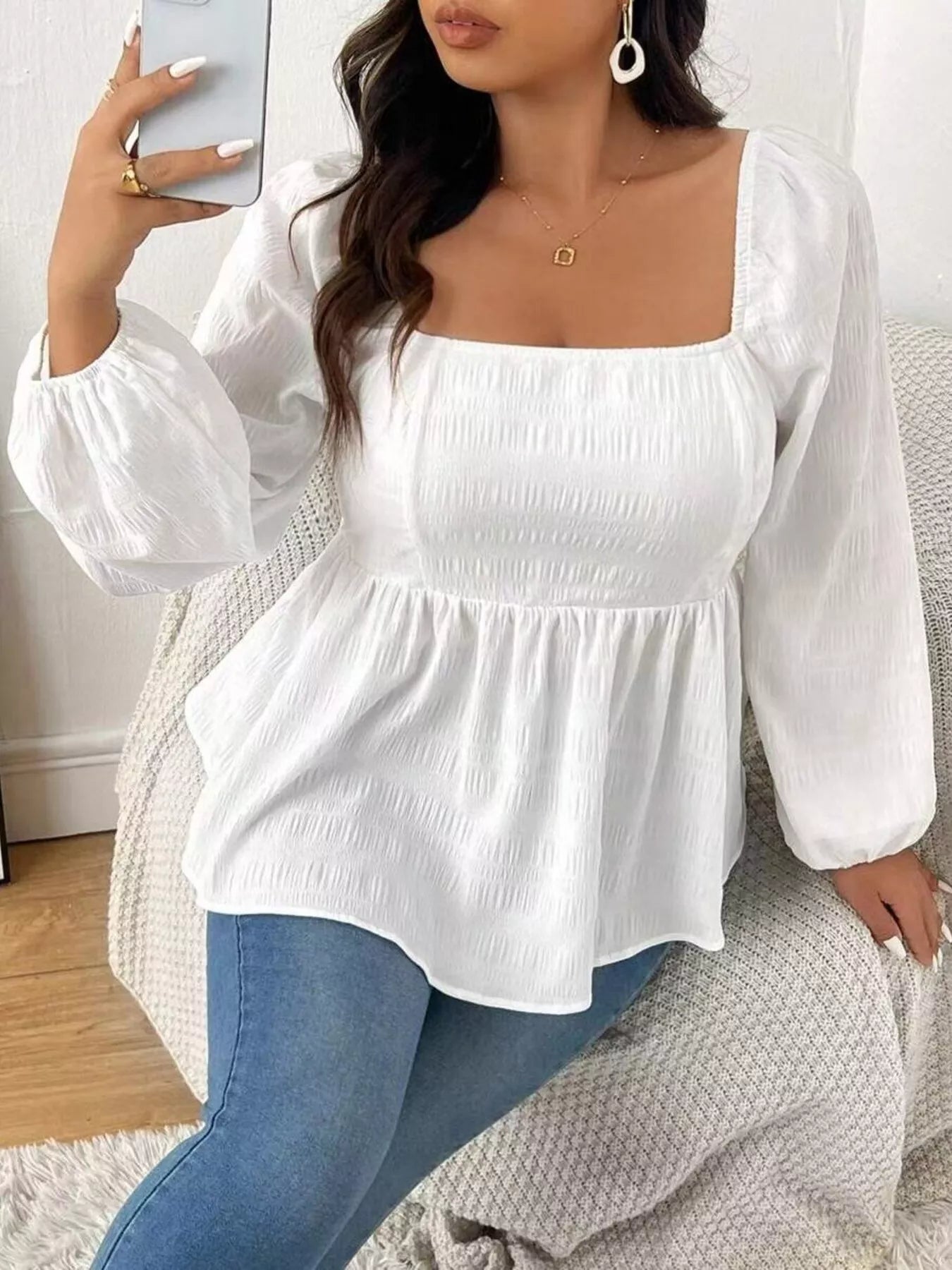 Plus Size Square Neck Long Sleeve Peplum Blouse - Rochelle's House LLC