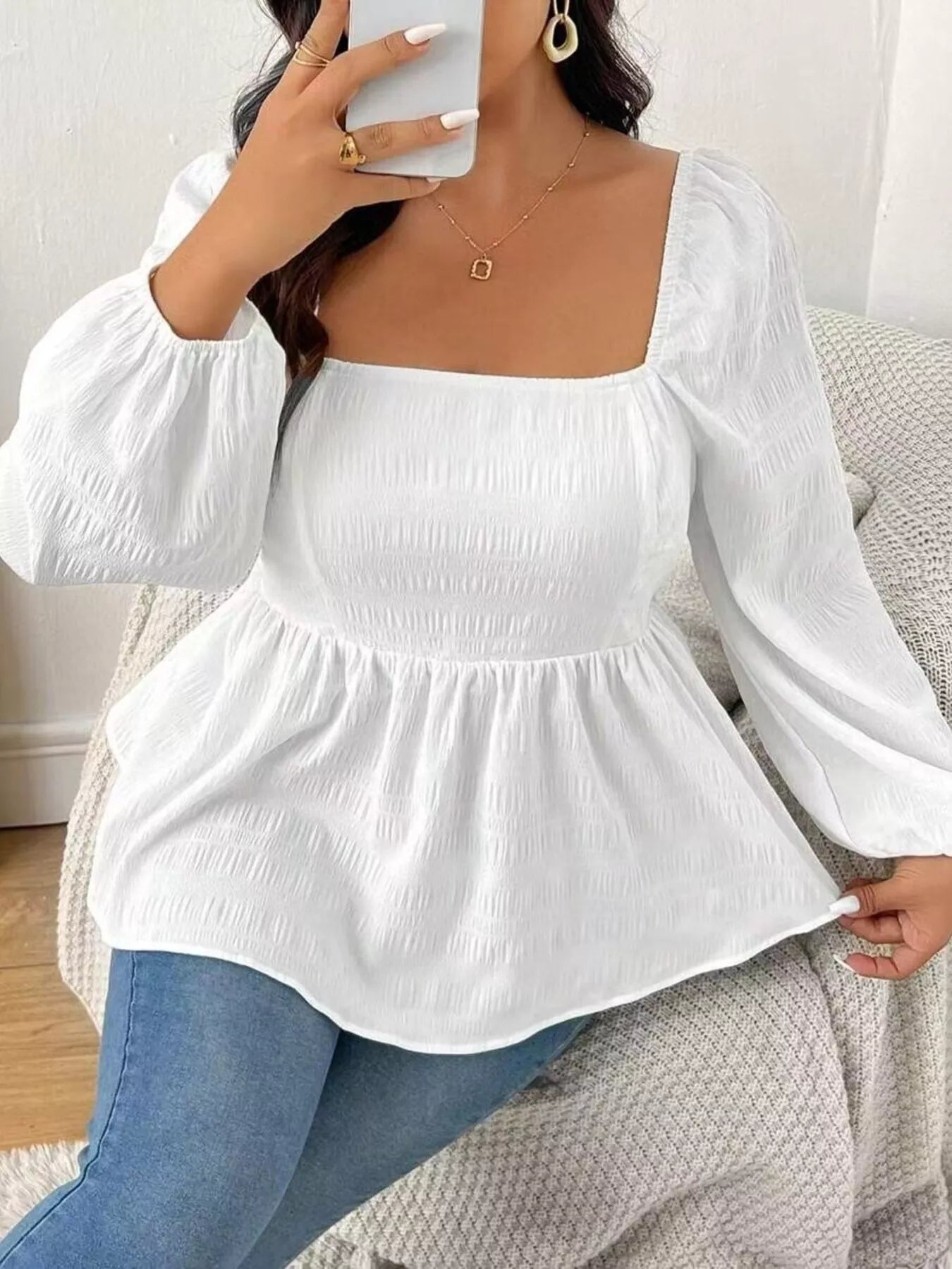Plus Size Square Neck Long Sleeve Peplum Blouse - Rochelle's House LLC
