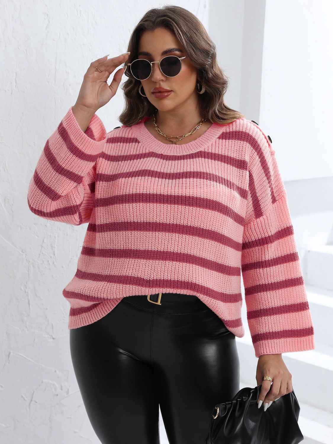 Plus Size Striped Dropped Shoulder Sweater - Rochelle's House LLC