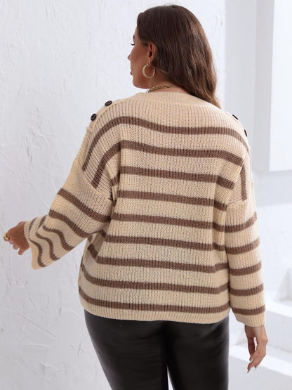 Plus Size Striped Dropped Shoulder Sweater - Rochelle's House LLC