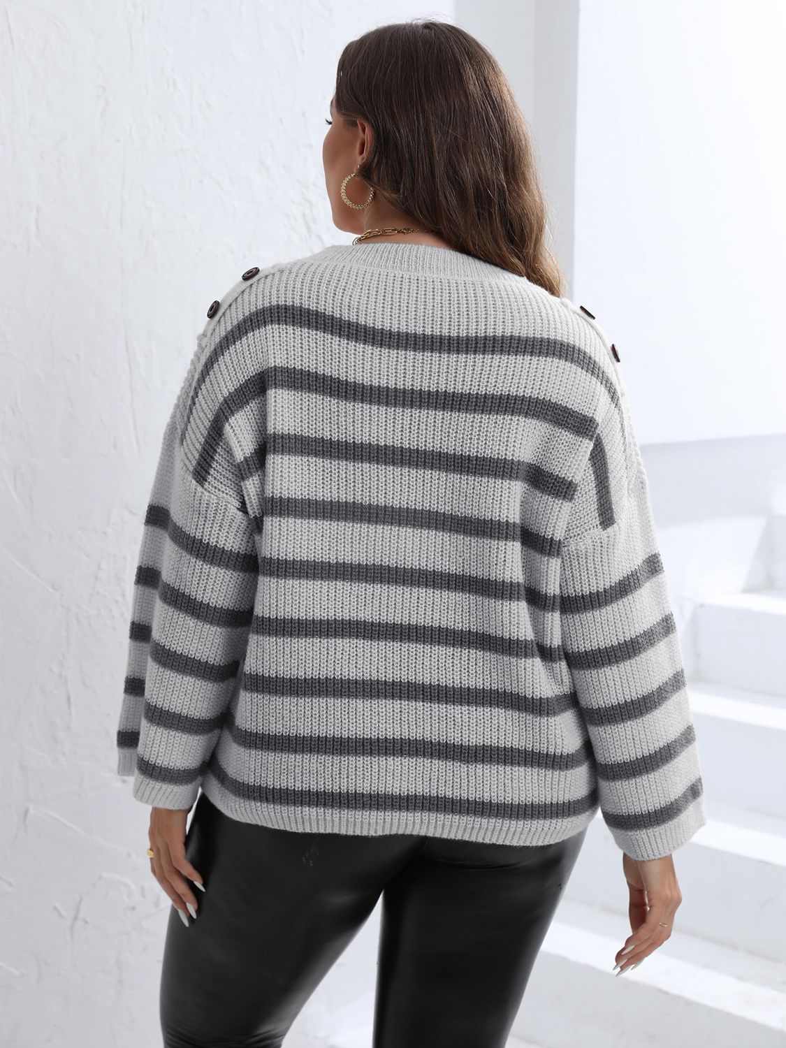 Plus Size Striped Dropped Shoulder Sweater - Rochelle's House LLC