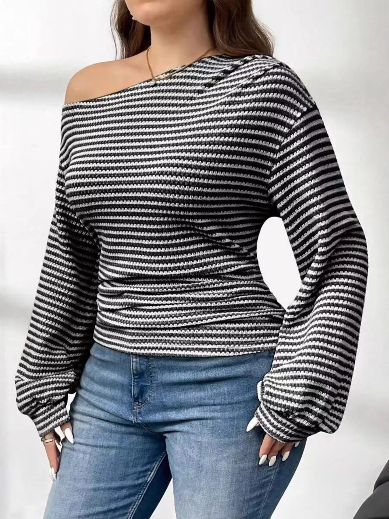 Plus Size Striped One - Shoulder Long Sleeve T-Shirt - Rochelle's House LLC