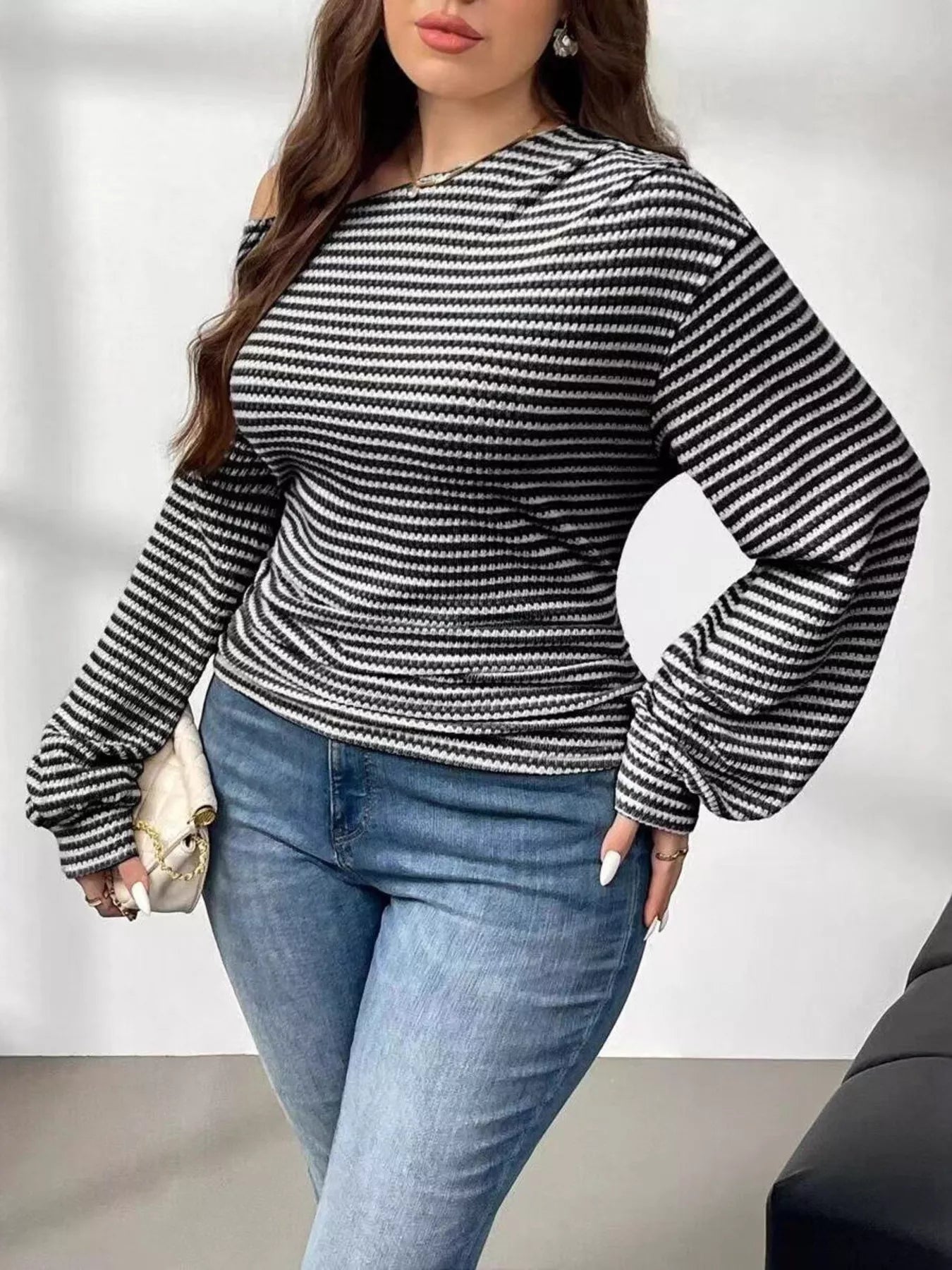 Plus Size Striped One - Shoulder Long Sleeve T-Shirt - Rochelle's House LLC