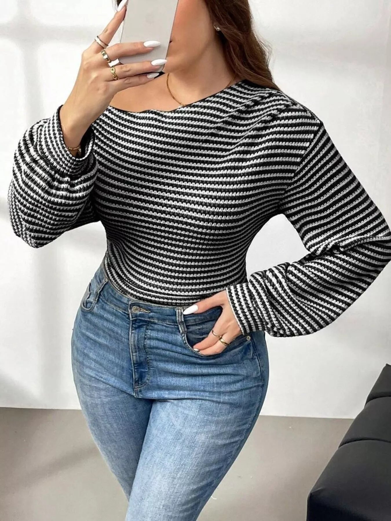Plus Size Striped One - Shoulder Long Sleeve T-Shirt - Rochelle's House LLC